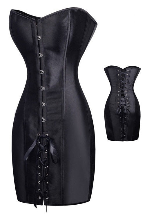 A sexy Special Long Waist Corsets and Bustiers Gothic Clothing Black Faux Leather Corset Dress Hot Spiked Waist Shaper Corset with laces made of leather by Maramalive™.