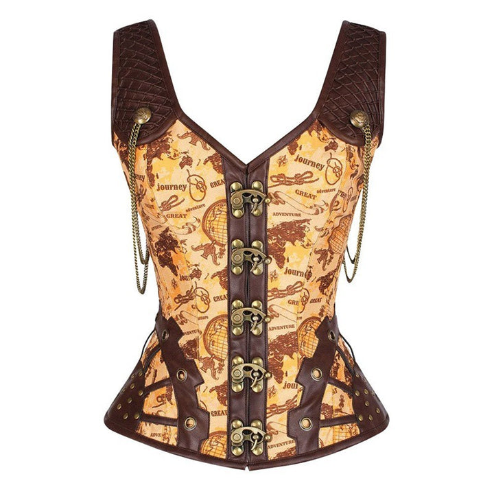 A Maramalive™ New Steel Rib Gothic Shapewear with map prints, metal fastenings, and chain details on the shoulders offers excellent chest support.