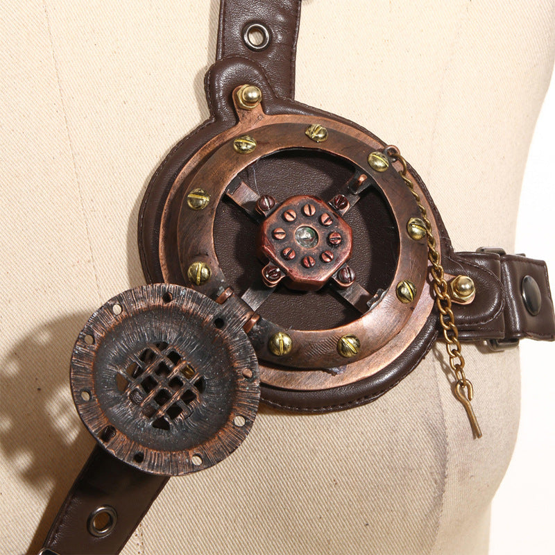 A Maramalive™ Steampunk chest buckle with a brown leather strap.