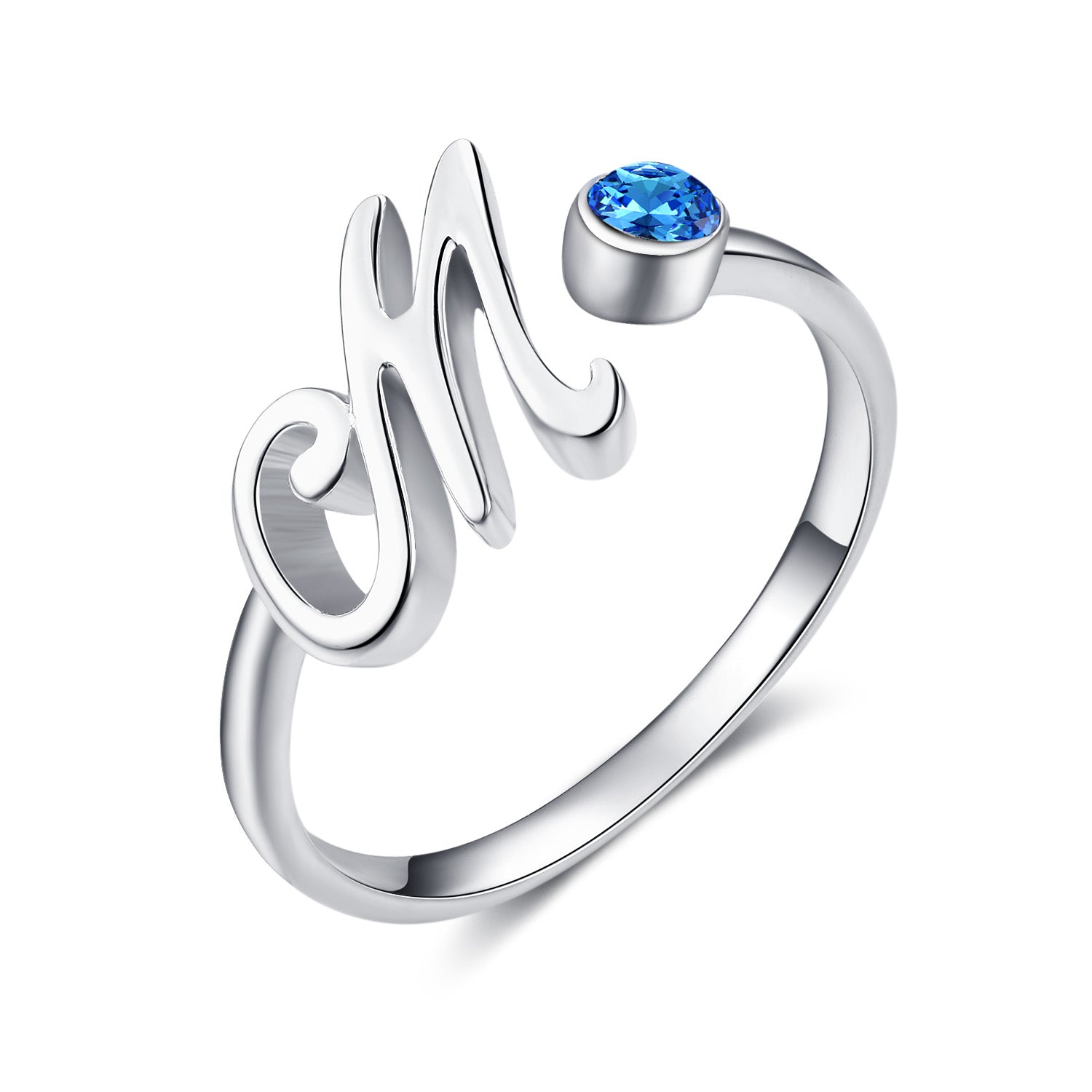 Blue Crystal Letter M Initial Alphabet Ring in 925 Sterling Silver