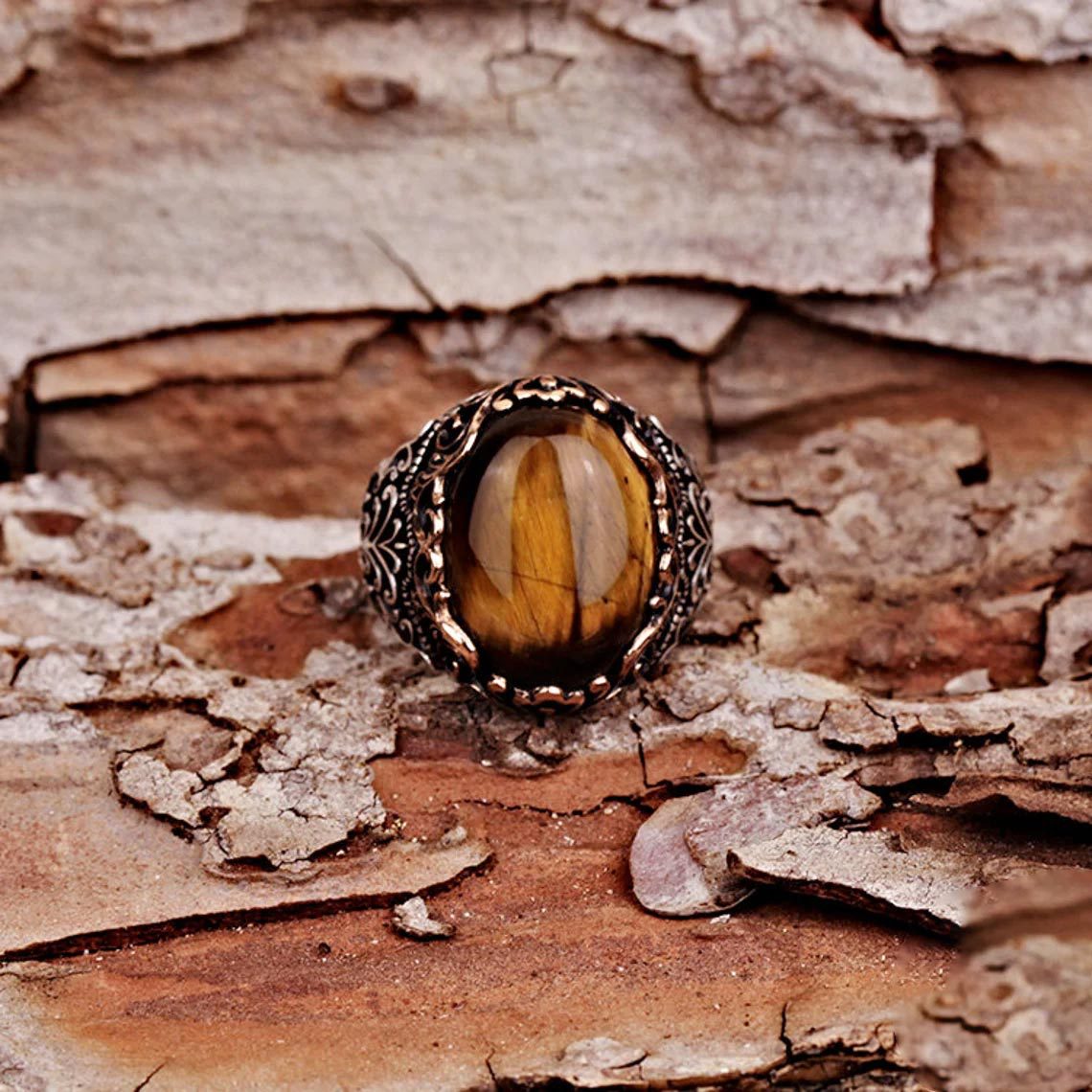 Punk Glyph Tiger Stone Ring