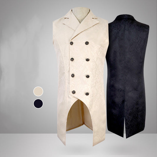 A Maramalive™ Stygian Seigneur's Swarthy Suit: Men's Gothic Steam Tuxedo Jacquard Double Breasted Gown vest with two buttons and two pockets.