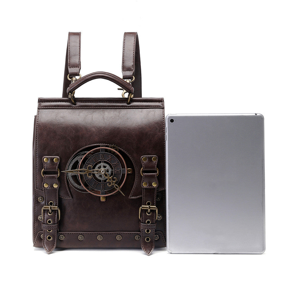 A Maramalive™ Women's Fashion Industrial Retro backpack with an iPad.