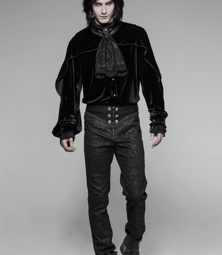 A man wearing Gothic Men's Lolita Punk Vintage Pants by Maramalive™ and a black t-shirt.