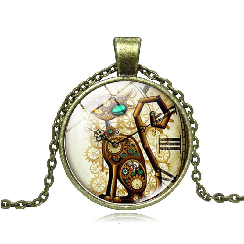 A Steampunk Cat Time Gemstone Necklace with a clock on it by Maramalive™.