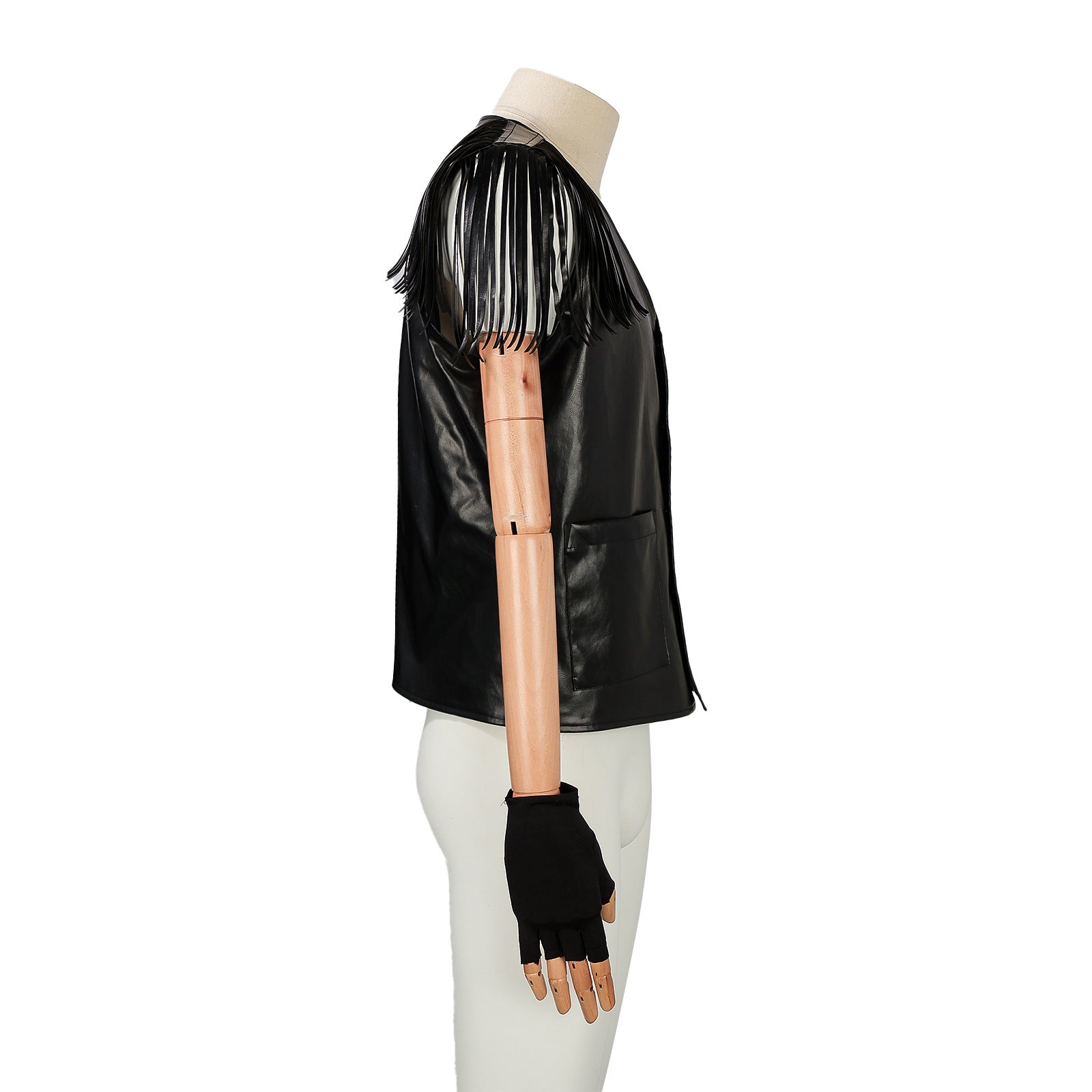 A side view of a mannequin wearing the Maramalive™ European Retro Vest For Men paired with white pants and black fingerless gloves, delivering a touch of Harajuku style.