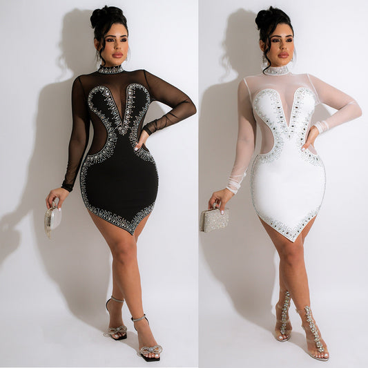 Two pictures of a woman in a Maramalive™ Sheer Long Sleeve Irregular Dress, a unique little black dress with an asymmetrical hem.