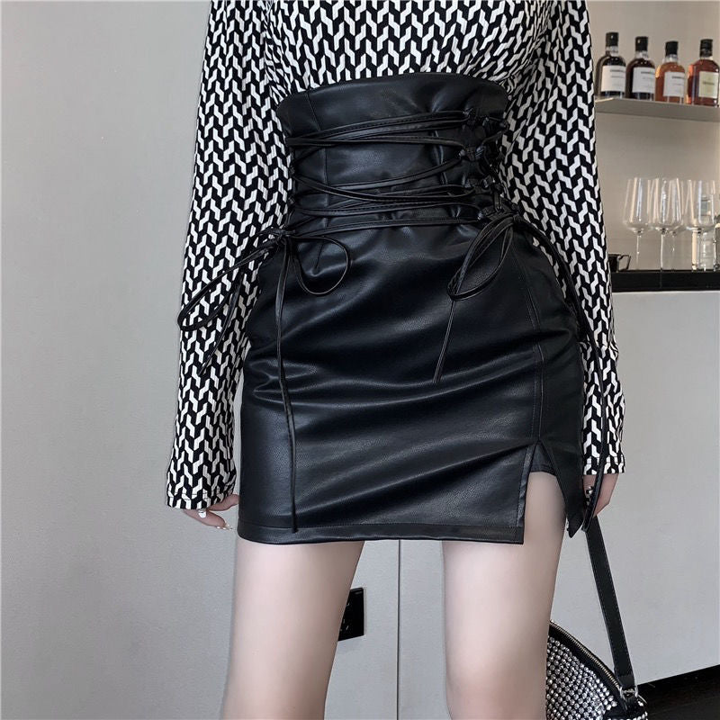 Strap Fashion High Waist Small Leather Skirt