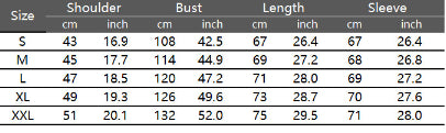 A size chart with measurements for shoulder, bust, length, and sleeve in centimeters and inches for sizes S, M, L, XL, and XXL. Features include long sleeves made from polyester fiber for the Men's Loose Dark Hoodie by Maramalive™.