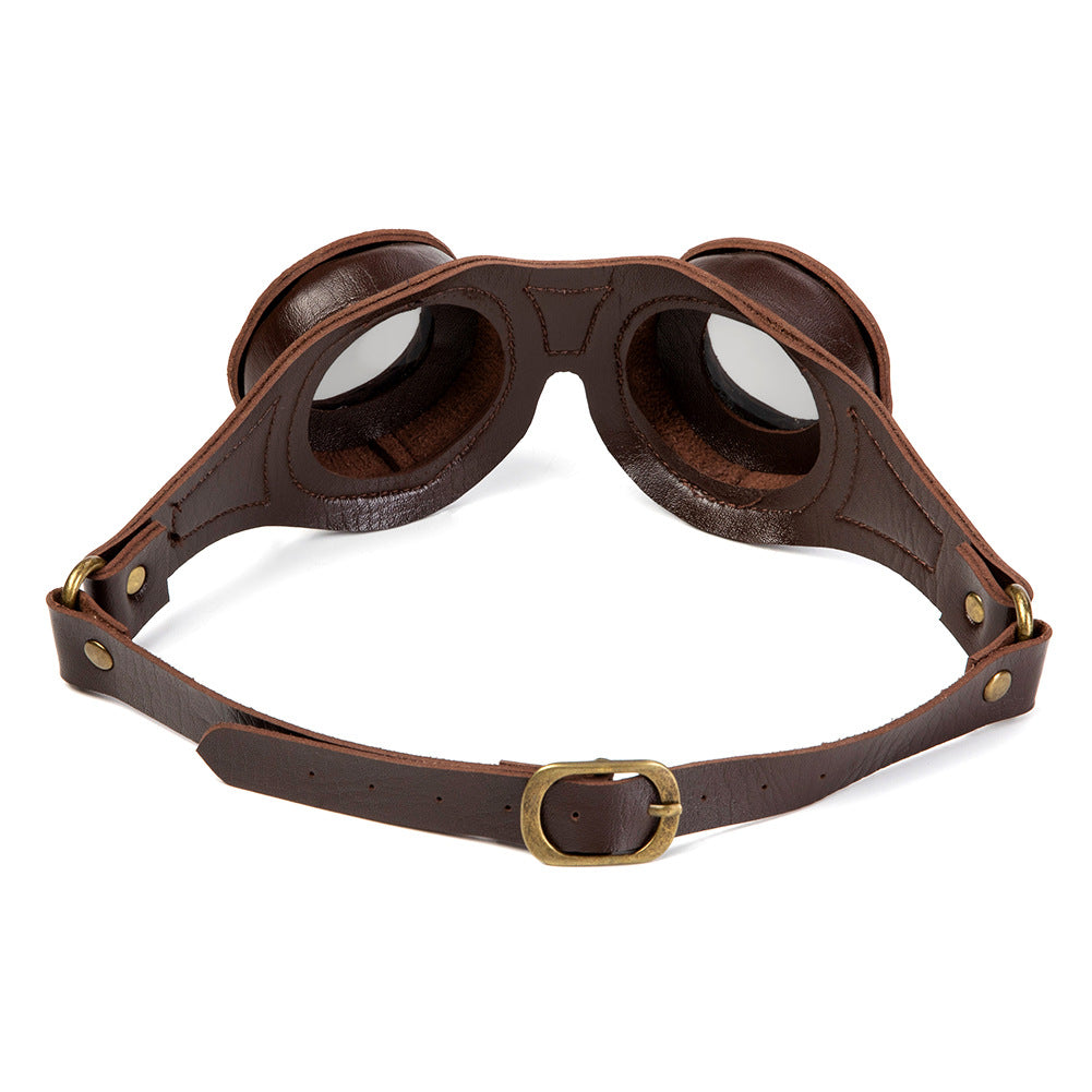 A pair of Steampunk Industrial Retro Goggles with brown leather straps made by Maramalive™.