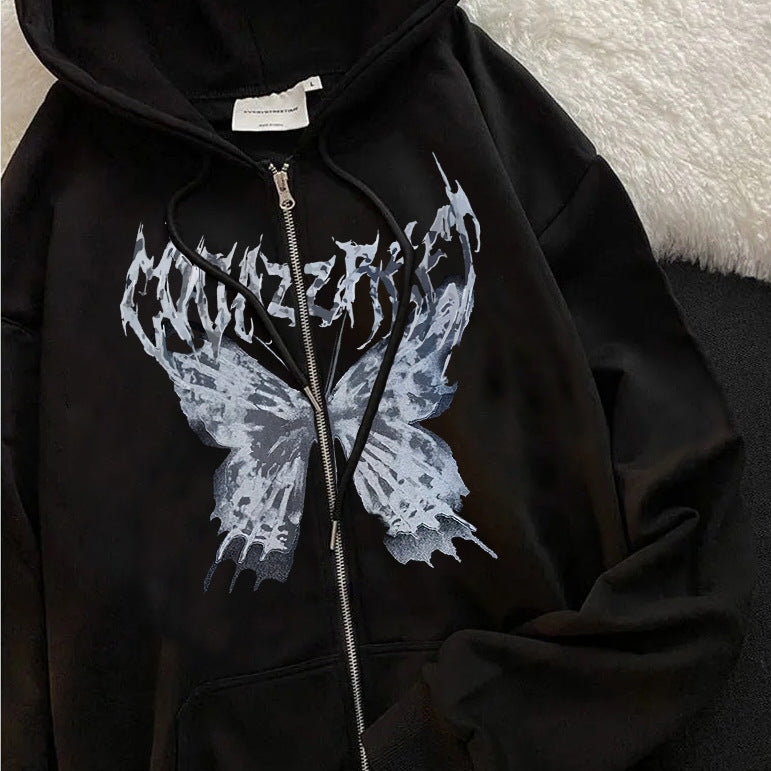 A black hooded zipper sweater with a white tag, featuring a stylized gray butterfly graphic and text design on the front. Perfect as an autumn companion. This is the Maramalive™ Comfy Zipper Hoodies for Fall: Hooded Sweatshirts & Sweaters.