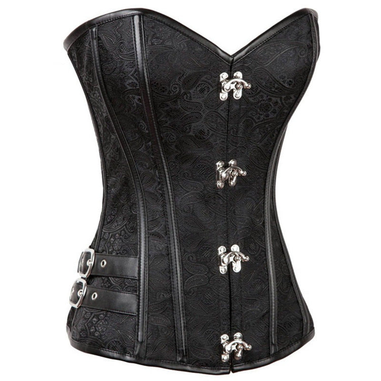 A Maramalive™ Jacquard Gothic Vintage Corset Court with silver buckles providing waist support.