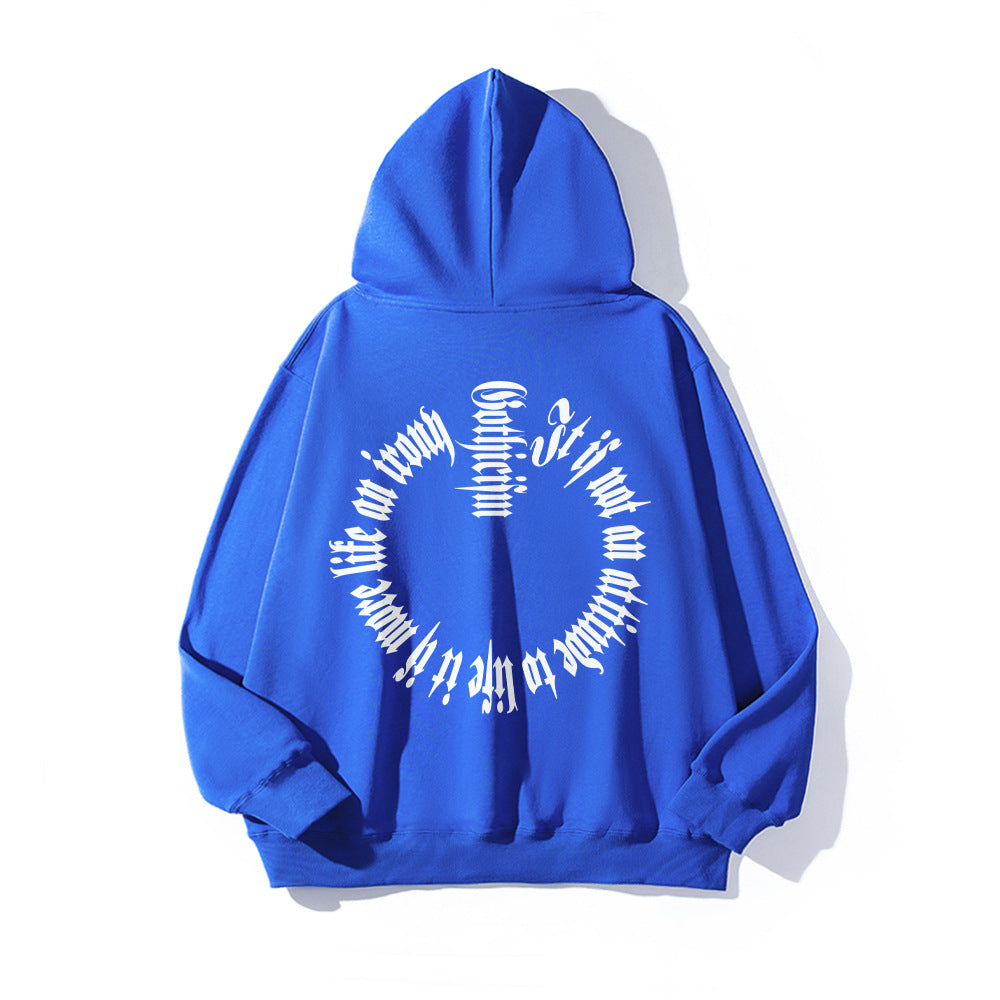 Blue cotton European Hip Hop Gothic Sweater Men's Hoodie from Maramalive™ with white, stylized text on the back forming a circular pattern around the words "Confirm" and other unreadable parts. Perfect for teenagers, it features a dimensional patch pocket for added style and function.