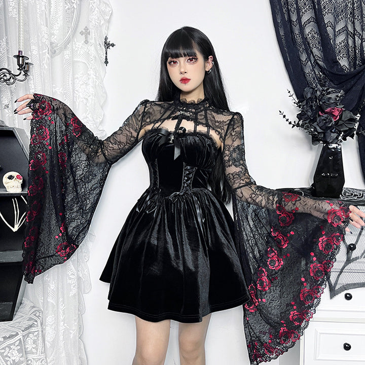 A person with long black hair, wearing an Edgy Gothic Blouse - Shop Dark Goth Style Top for Women by Maramalive™, stands in a room adorned with gothic decor, epitomizing goth style.