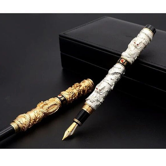 A Maramalive™ gold and silver Fountain Pen Iridium Pen Gift Pen Box Pen on a black background.