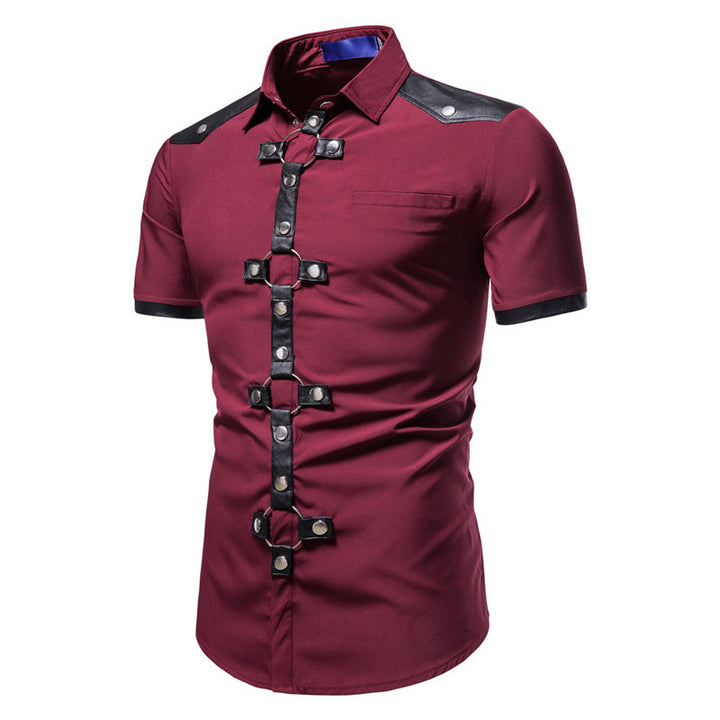 Maramalive™'s New European And American Men's Gothic Style Rivet Leather Patchwork Short-sleeved Shirt Simple Fashion Costume with metal buttons in large sizes and color matching.