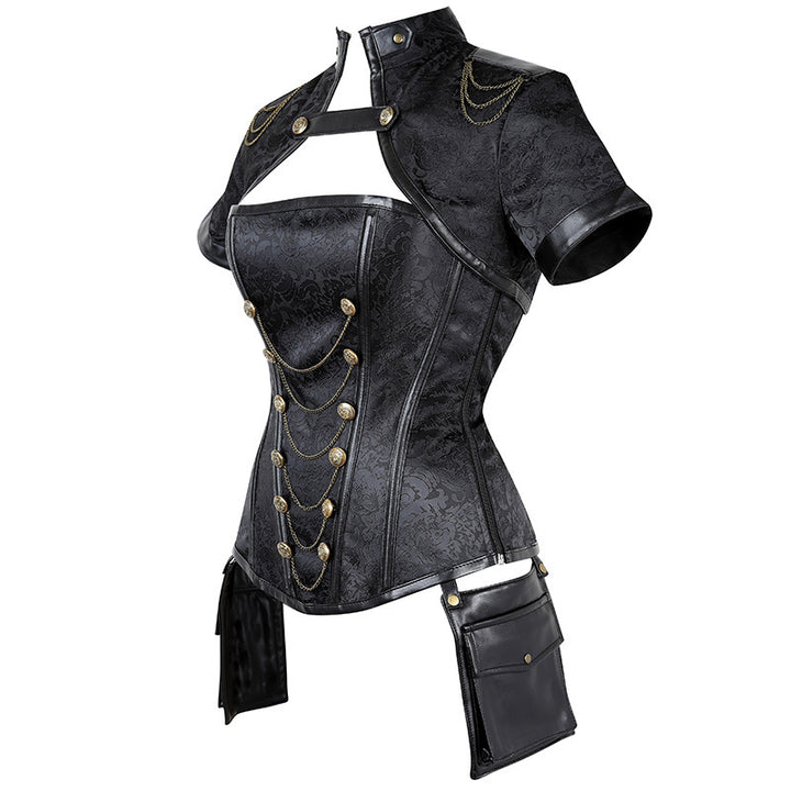 A Maramalive™ Dark Duchess: Retro Punk Cape Steel Court Corset Zip Gothic women's red and black corset.