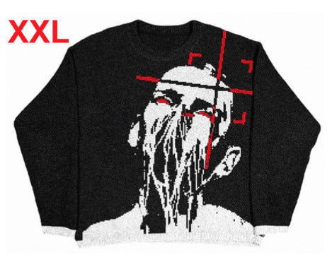 A black, loose fit sweater featuring an abstract design of a distorted face with red crosshairs over it and the label "XXL" in the top left corner. Introducing Cozy Anime Couples: Loose Sweaters for Relaxed Duos by Maramalive™.
