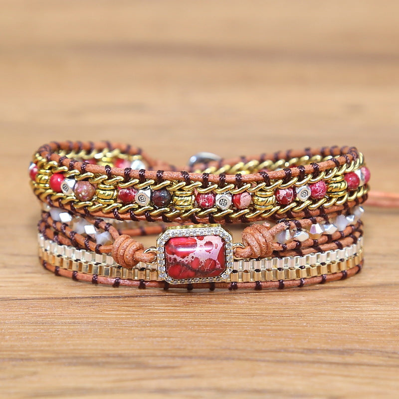 Vintage Weave Multi-layer Bohemian Bracelet with green stone and brown leather, perfect for gypsy spirits and hippie chic fashion by Maramalive™.