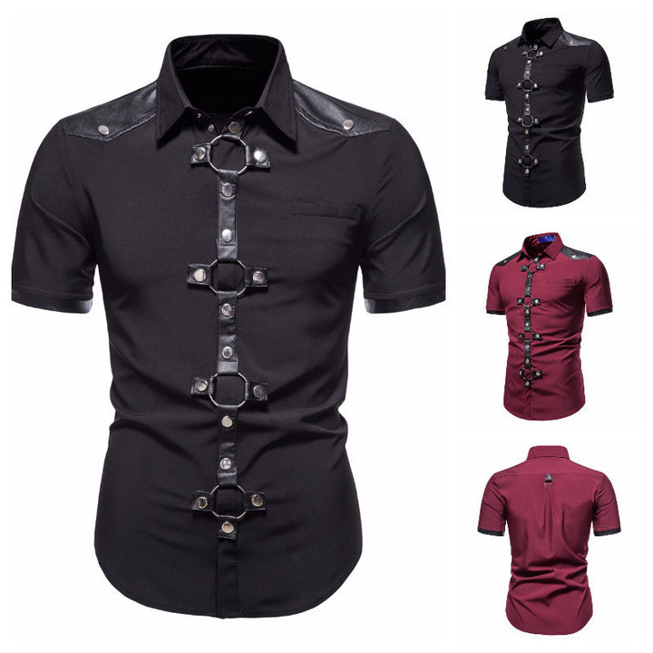 Maramalive™'s New European And American Men's Gothic Style Rivet Leather Patchwork Short-sleeved Shirt Simple Fashion Costume with metal buttons in large sizes and color matching.