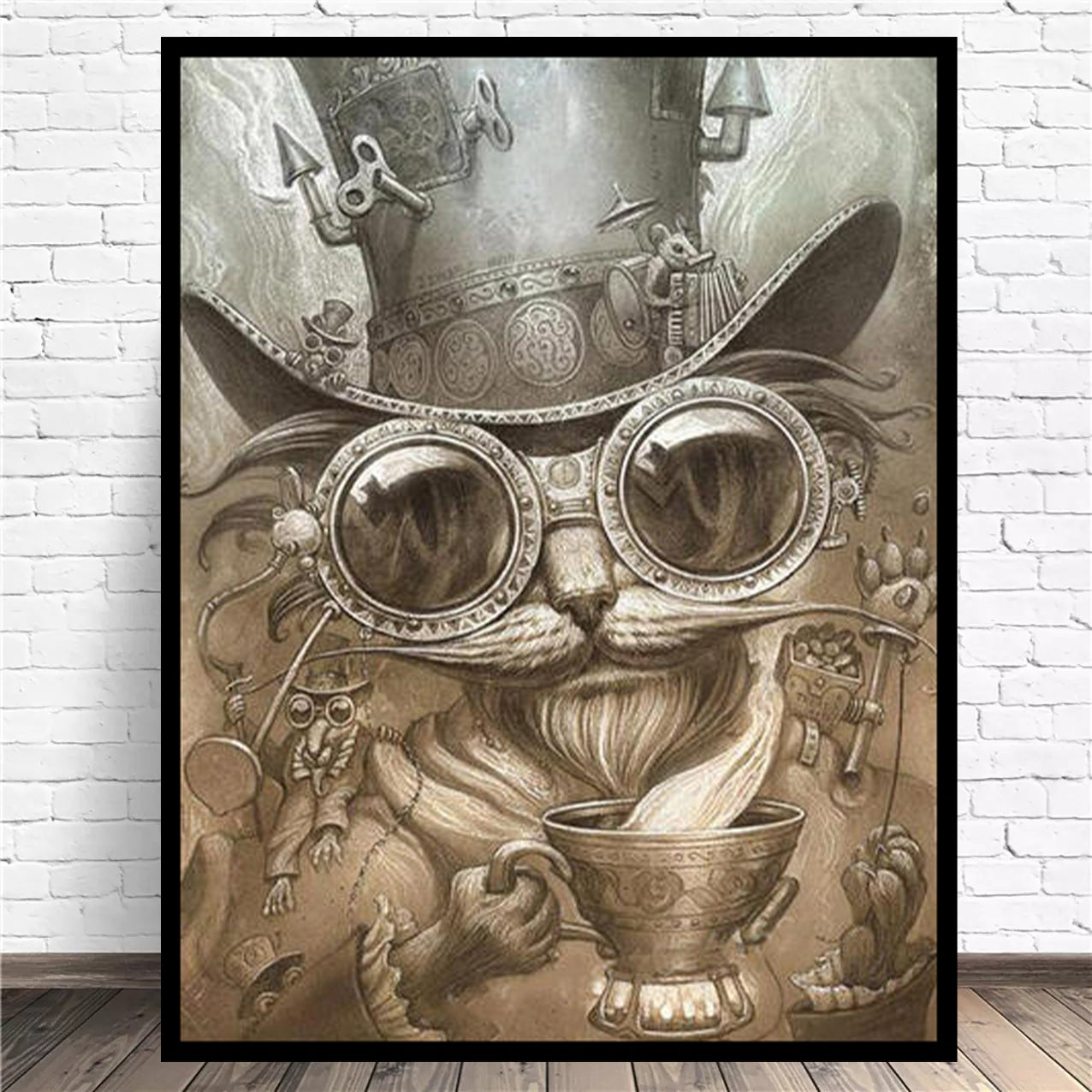 A Steampunk Cat Poster Canvas Frameless Home Decoration by Maramalive™ of a cat in a top hat and glasses.