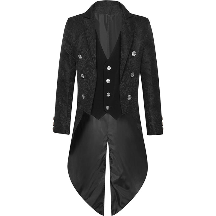 A Maramalive™ Men's Retro Gothic Style Swallowtail Mid-length Jacquard Blazer with ornate buttons and intricate patterns, perfect as stage wear. The interior lining is shiny and smooth, adding a touch of luxury to this polyester fiber jacket.