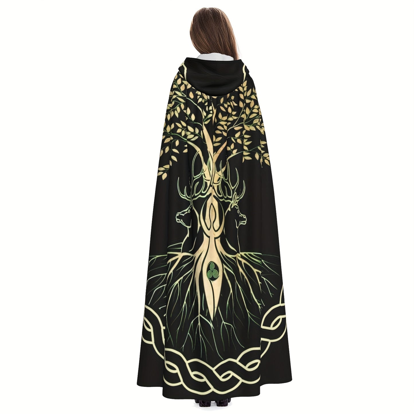Person wearing a Maramalive™ 1pc, Nordic Style Viking Goddess Wiccan Wicca Halloween Wizard Witch Hooded Robe Cloak Christmas Hoodies Cape Cosplay For Adult Men Women Party Favors Supplies Dresses Clothes Gifts Costume adorned with a stylized tree design featuring branches, leaves, roots, and intricate patterns, viewed from behind.