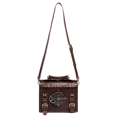 A Maramalive™ steampunk industrial retro style shoulder bag For the Steampunk Fan inside you with a clock on it.