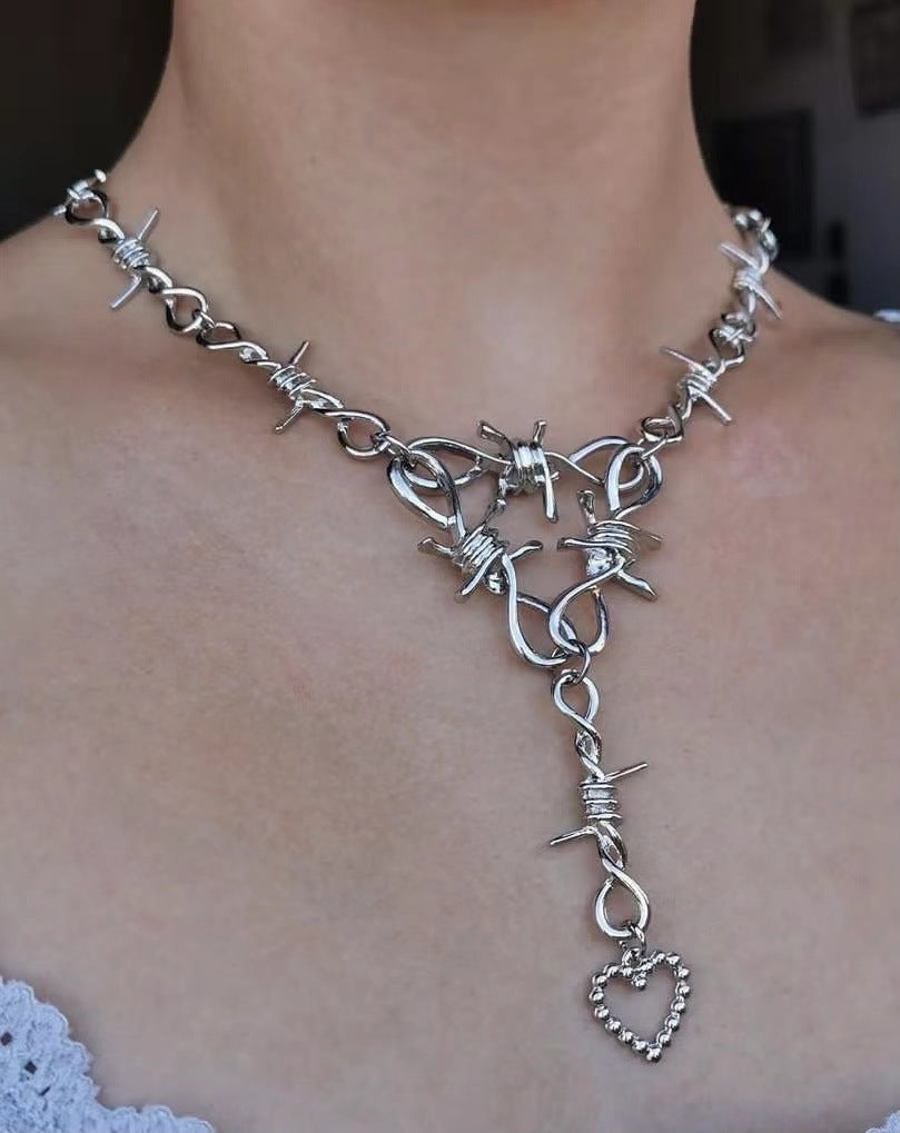 Love Heart Thorns Vintage Necklace | Barbed Wire Statement Necklace on a neck