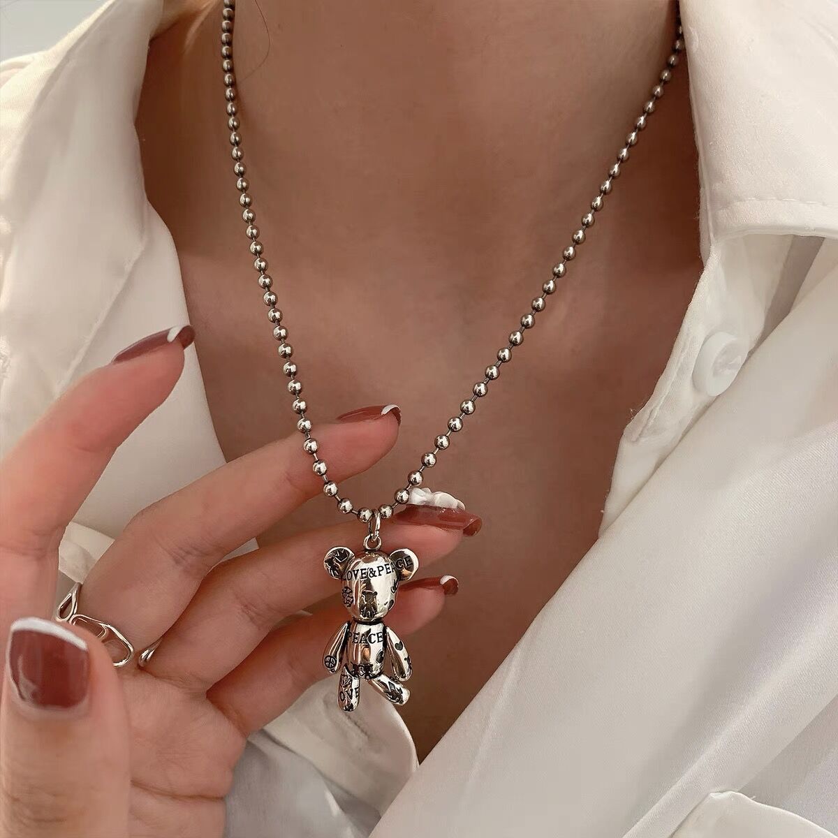 S925 Sterling Silver Vintage Bear Necklace Clavicle Design Sense