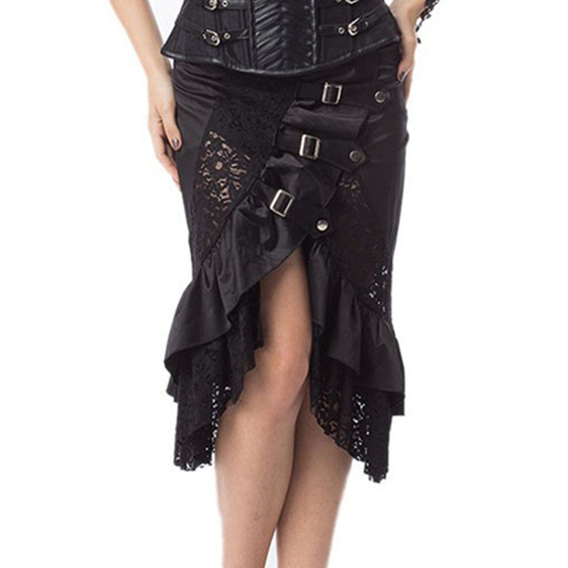 A woman in a Maramalive™ Fashion Lace Punk Rock Gothic Skirt posing for a photo.