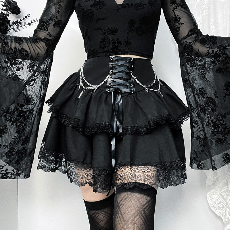 Halloween Party Style Slim Chain Cross Double Layer Gothic Skirt Women