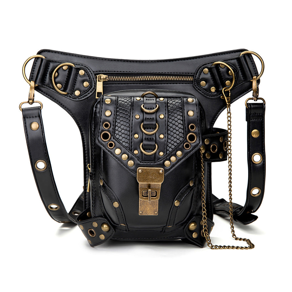 A woman is holding a Maramalive™ Steampunk Retro Vegan Cross-body bag for women with gold accents.