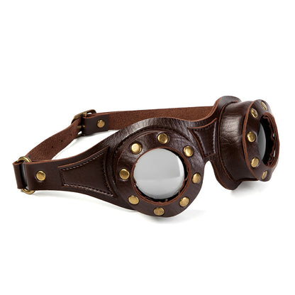 A pair of Steampunk Industrial Retro Goggles with brown leather straps made by Maramalive™.