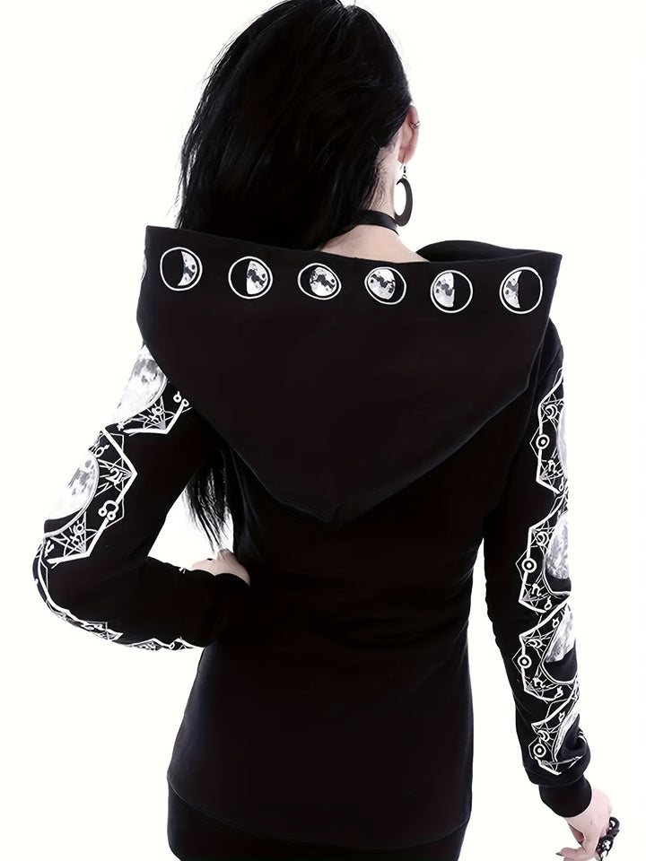 A person with long black hair wearing a casual black Maramalive™ Plus Size Gothic Sweatshirt, Women's Plus Moon Print Long Sleeve Zipper Slight Stretch Hoodie With Pockets featuring moon phase designs on the back of the hood and geometric patterns on the sleeves, shown from behind.