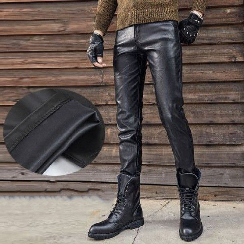 A man wearing Maramalive™ New Arrival Vegan-Friendly Leather Retro Slim Fit Biker Pants and gloves.