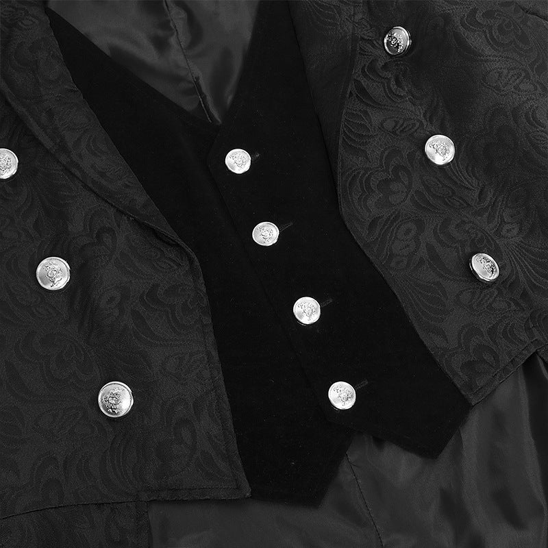 Close-up of a black, intricately patterned stage wear coat with shiny silver buttons arranged in double rows. The Men's Retro Gothic Style Swallowtail Mid-length Jacquard Blazer by Maramalive™ features a matching black vest underneath, also adorned with silver buttons.