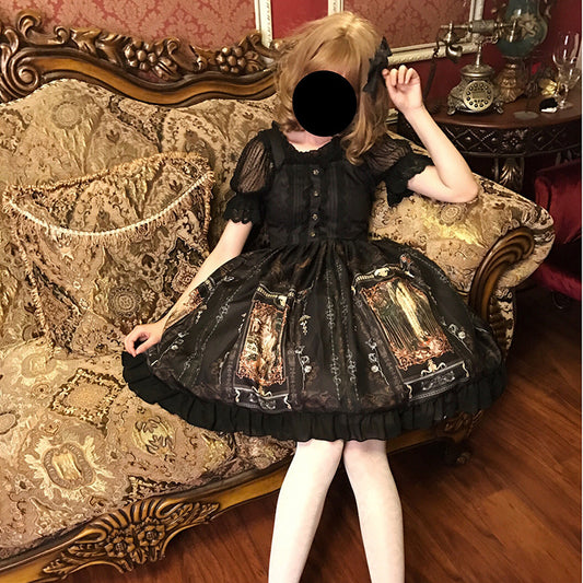 A Maramalive™ Lolita girl in a Gothic Lolita Dress Woman Vintage Kawaii Chiffon Palace Princess Party Wear Lantern Sleeve Printed Cute Cosplay Costumes sitting on a high-waisted couch.