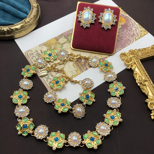 Flower Gem Diamond Necklace Bracelet Ear Studs Gold Plated Suit