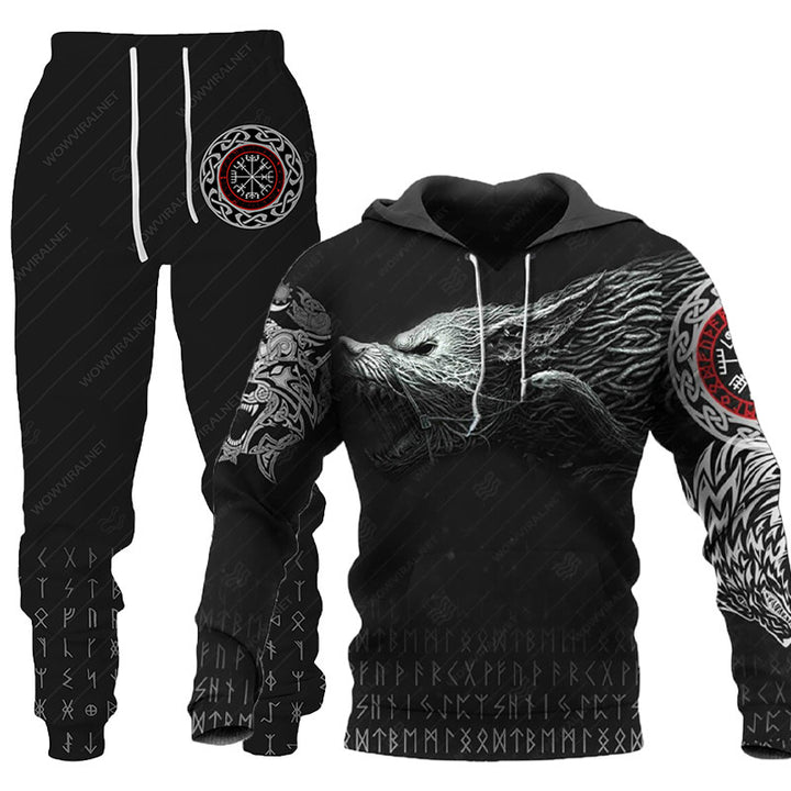 A black Hooded Tracksuit with Three-dimensional Art by Maramalive™ featuring Norse runes, a wolf design, and a circular emblem. The hoodie showcases a striking side profile of a wolf's head in white and gray tones, embodying the edgy spirit of punk rock.