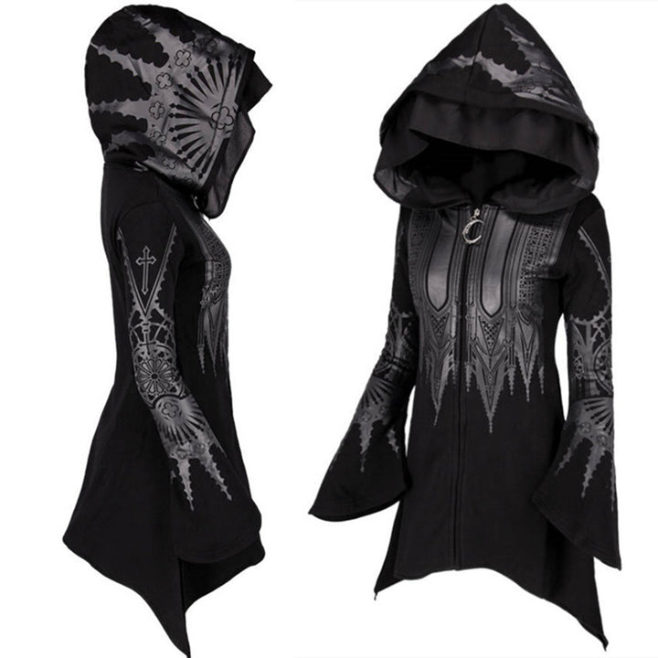 Two views of a Halloween Cosplay Hoodie Women's Punk Black Long Hooded Printed Sweater with intricate silver designs and a front zipper closure. The polyester fabric coat by Maramalive™ features flared sleeves and a high-low hemline.