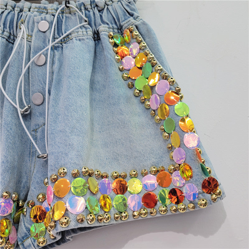 Handmade Studded Colored Diamond High Waisted Shorts