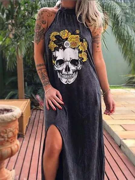 A woman wearing a Maramalive™ Slim Fit Midi Dress With Printed Skull.