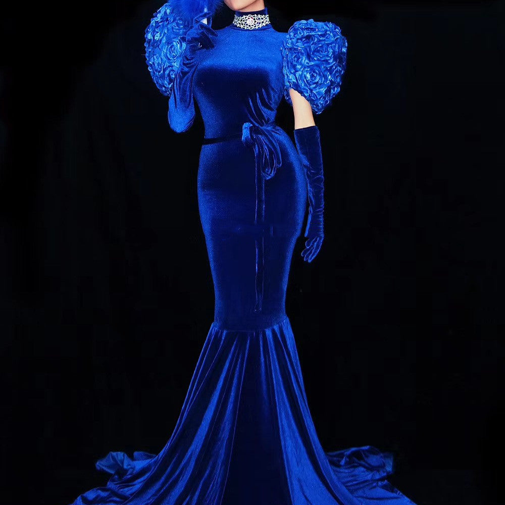 Woman wearing Electric Blue Fishtail Puffy Sleeve Dress by Maramalive™ posing for a photo.