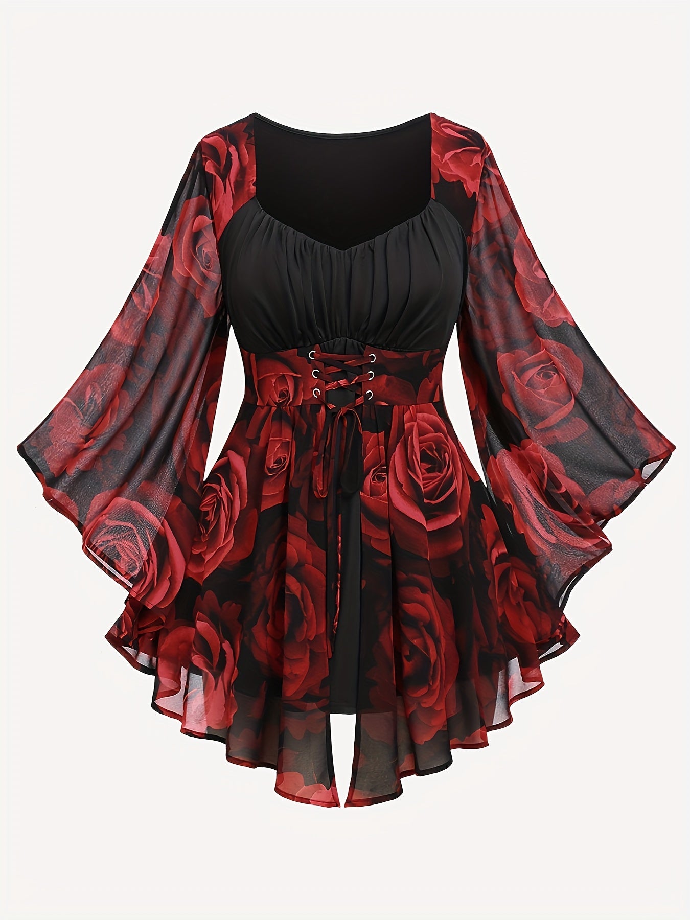 An elegant Plus Size Rose Print T-Shirt, Valentine's Day V Neck Long Sleeve T-Shirt, Women's Plus Size Clothing with a black base adorned with red rose patterns, featuring a V-neck, bell sleeves, and a lace-up waist detail by Maramalive™.