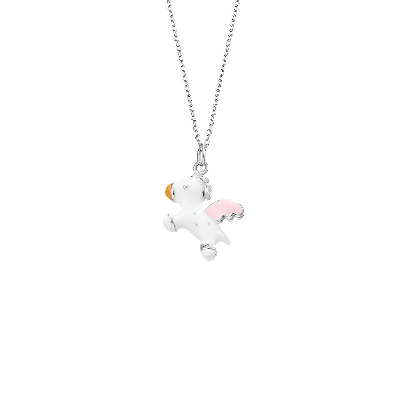 A Silver Pegasus Pendant Necklace with a small white bird on it. Brand Name: Maramalive™