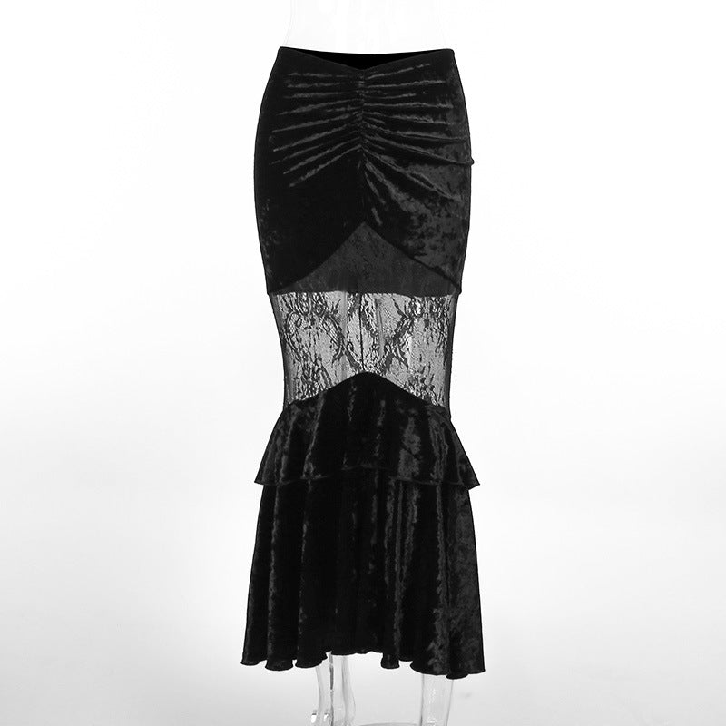 See-through Embossed Dress Dark Style Elegant Suede Lace Stitching Skirt