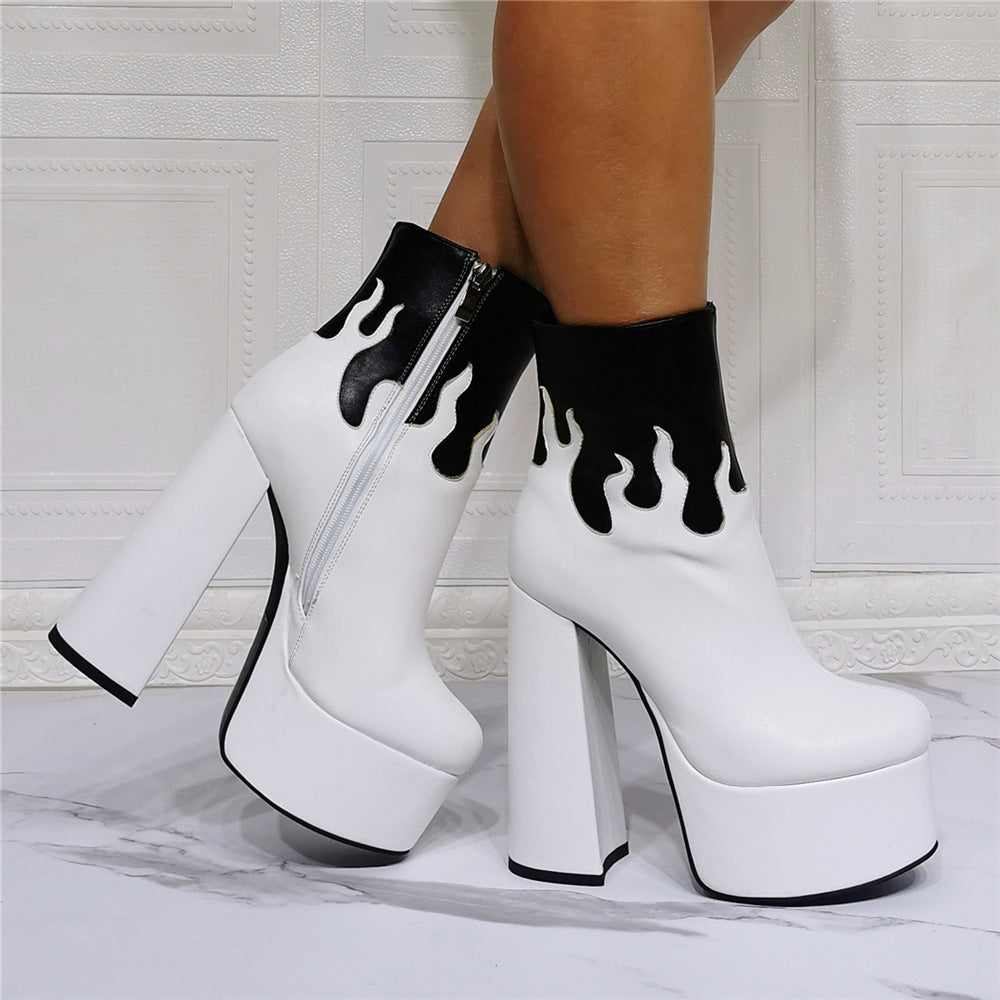 White and black Gothic Water Stage Flame Thick Heel Fashion Super High Heel Plus Size 47 Women's Short Boots by Maramalive™ featuring a vibrant color scheme and striking design.
