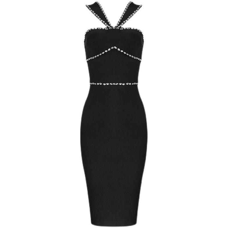 Diamond-studded Tight Bandage Banquet Prom Party Evening Off-shoulder Dress