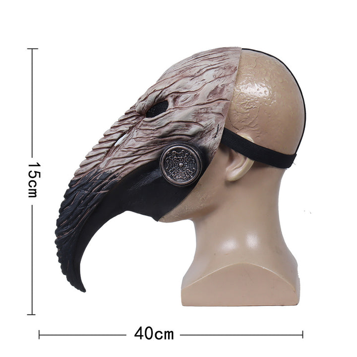 A man in a Maramalive™ Halloween Plague Doctor Mask Steampunk Beak Black Death Virus Cosplay Latex Headgear Mask holding a gun.